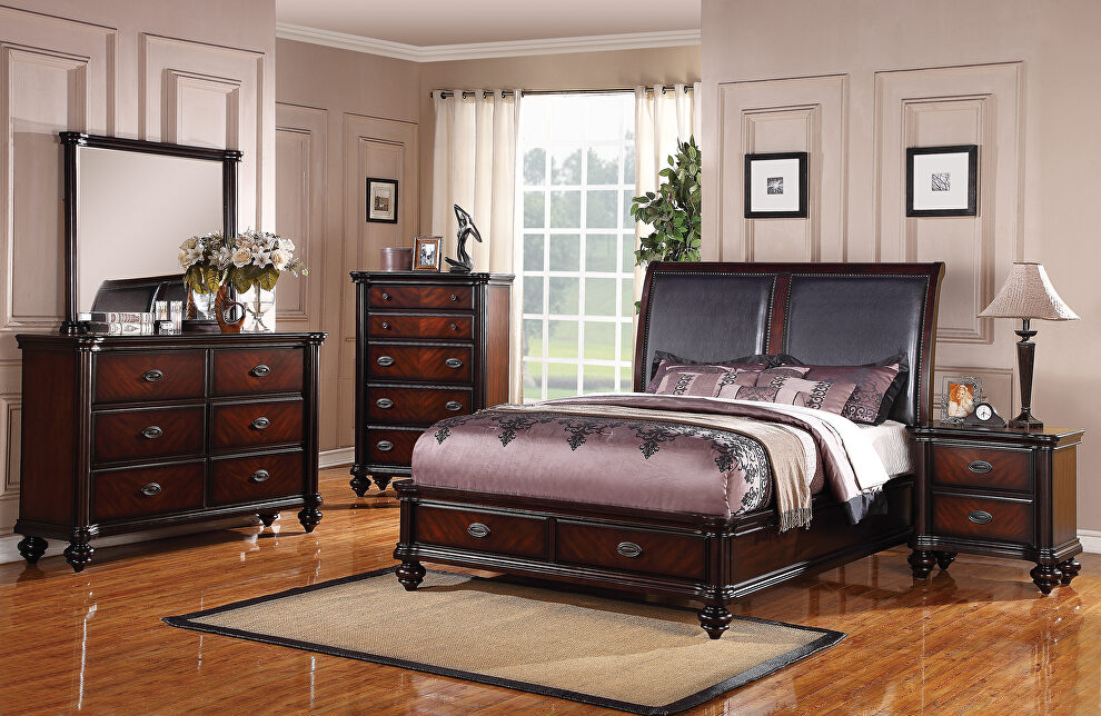 Queen bed w/pu headboard and 2 underbed drawers by Poundex