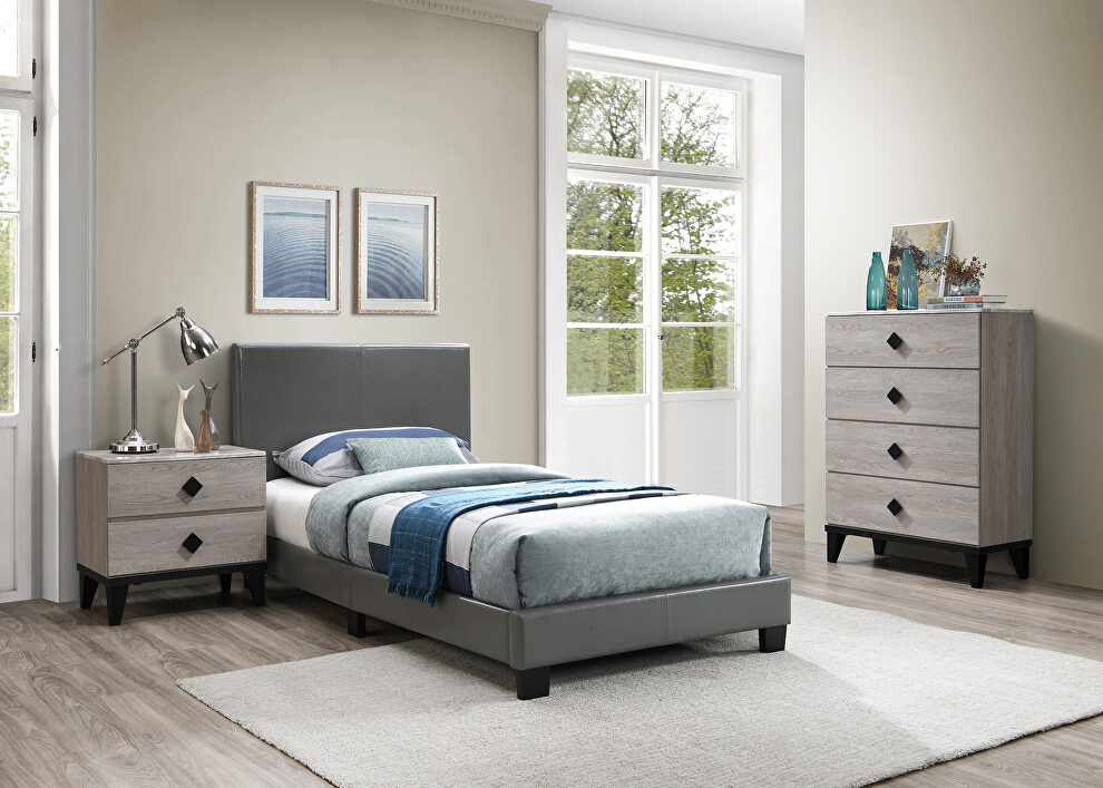 Gray faux leather upholstery twin bed by Poundex