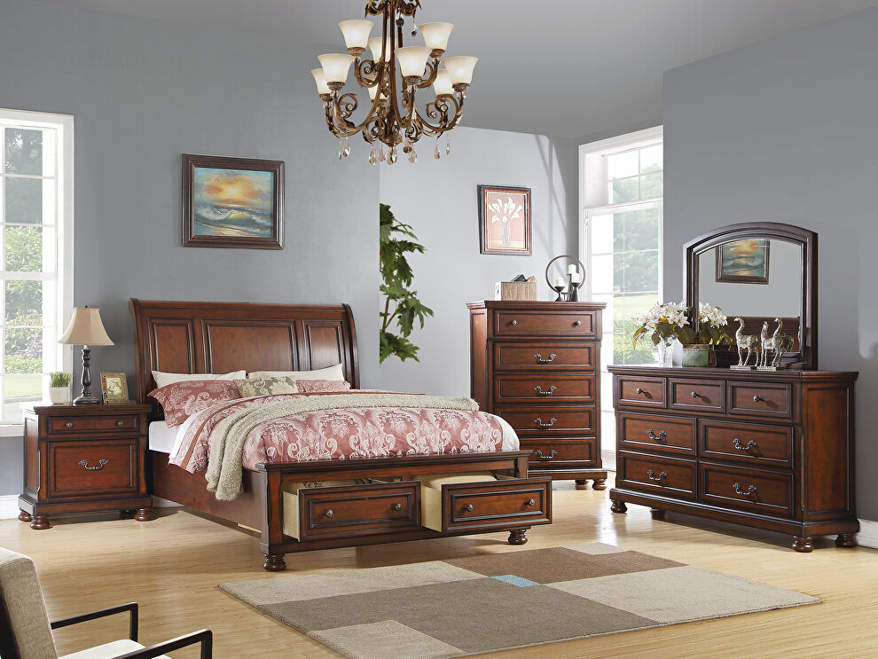 Antique cherry finish queen bed with 2 under bed drawers by Poundex