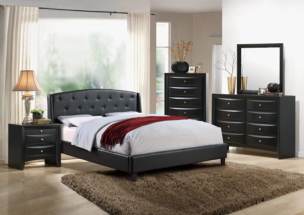 Black bonded leather headboard king bed by Poundex