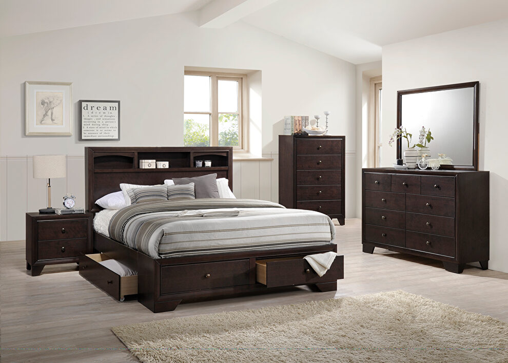 Queen bed with four drawers in dark walnut finish by Poundex