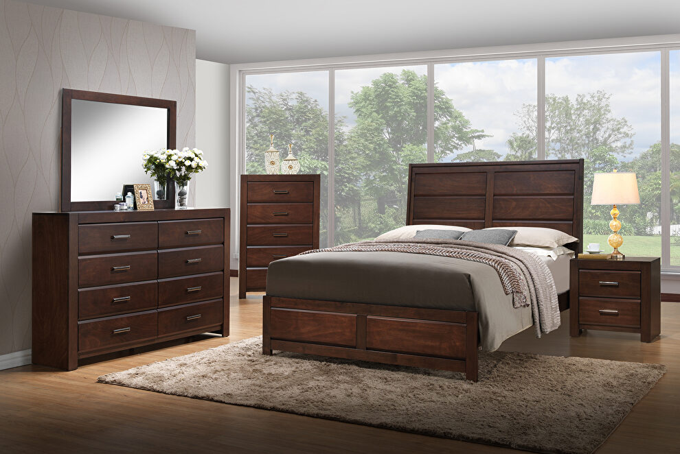 Walnut finish modern queen bed by Poundex