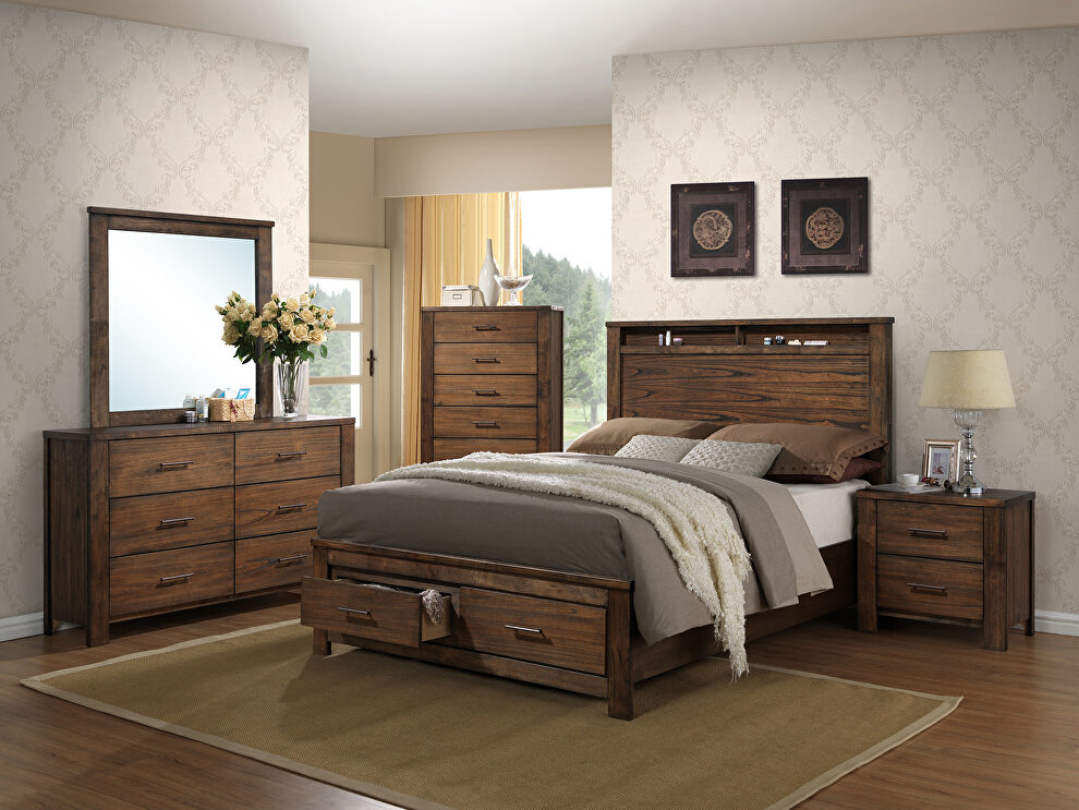 Oak veneer king bed with storage by Poundex