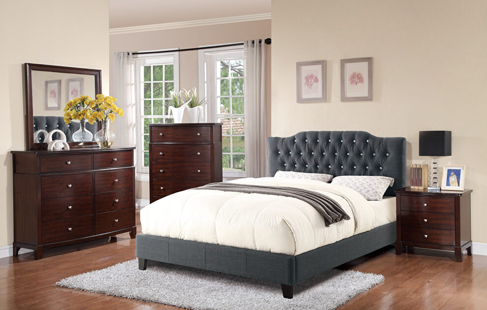 Blue gray polyfiber upholstery queen bed by Poundex