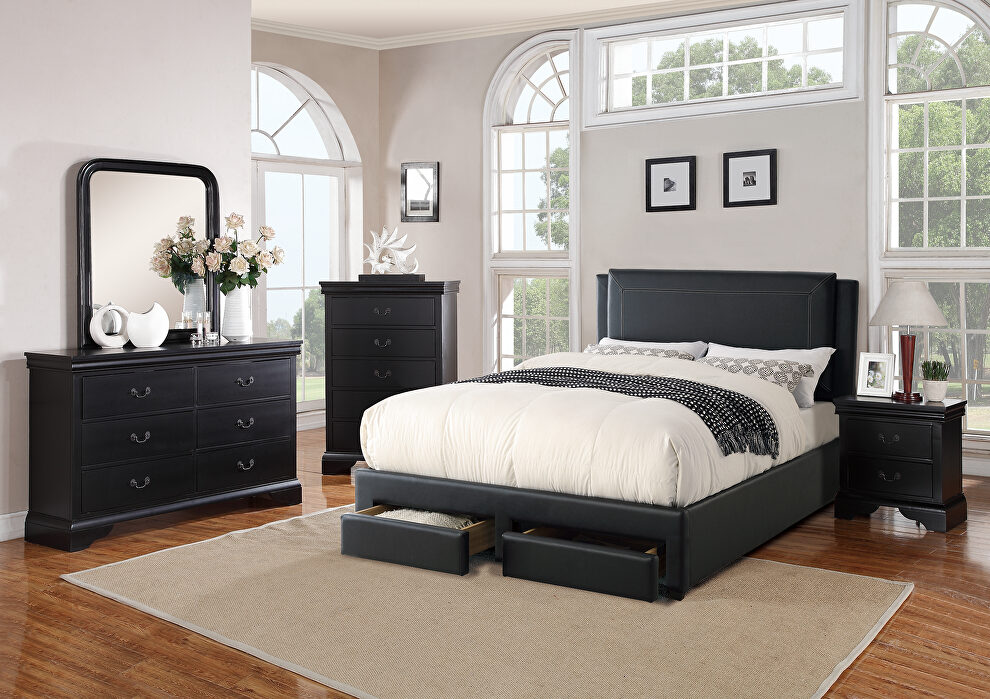 Black faux leather upholstery king bed w/ storage by Poundex
