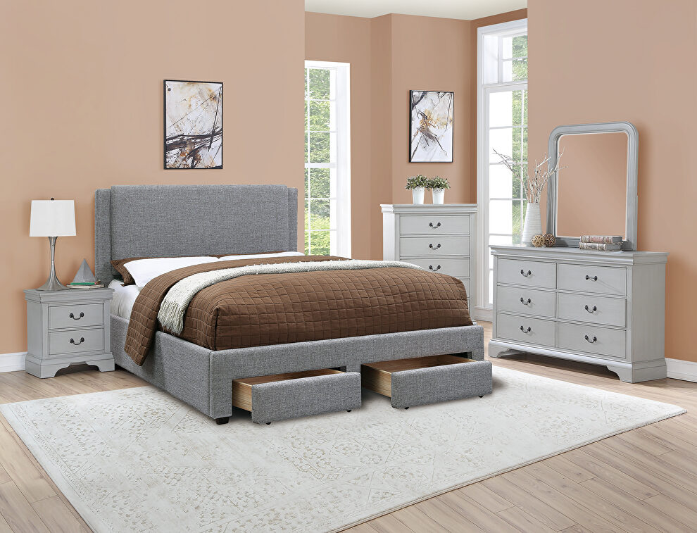 Stone ash polyfiber upholstery king bed w/ storage by Poundex