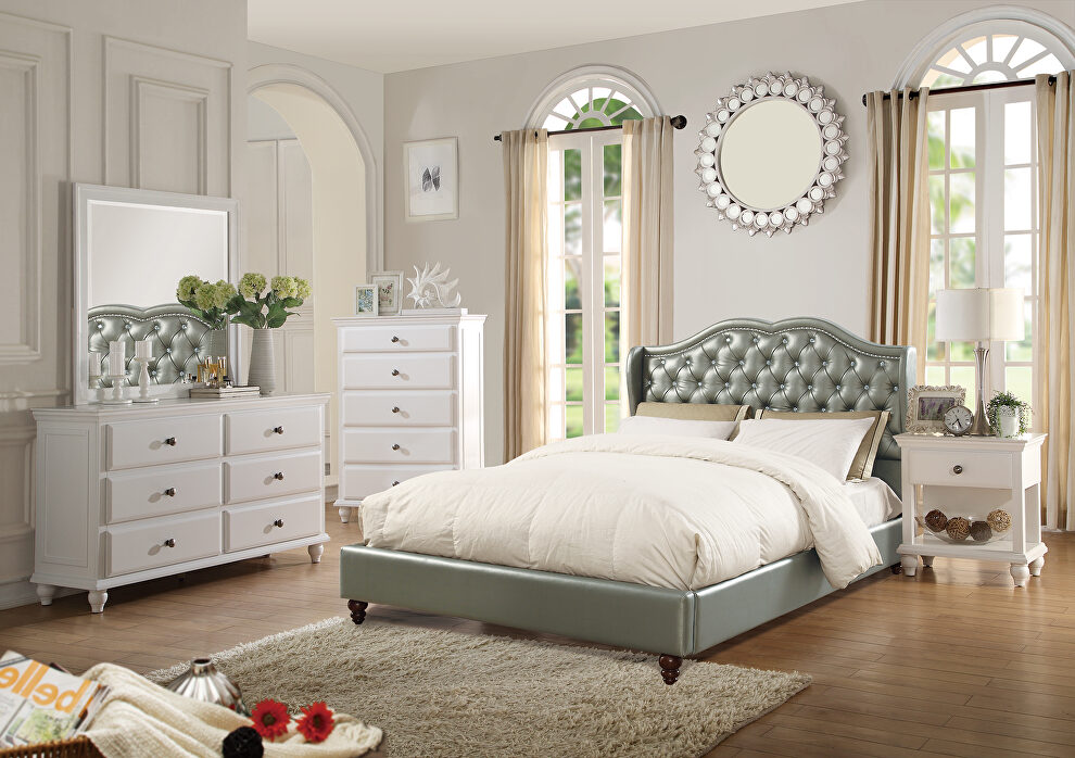Silver faux leather upholstery queen bed by Poundex