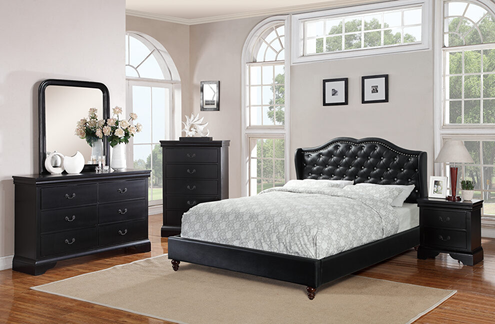 Casual black faux leather upholstery full size bed by Poundex