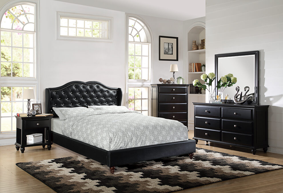 Black faux leather upholstered headboard king bed by Poundex