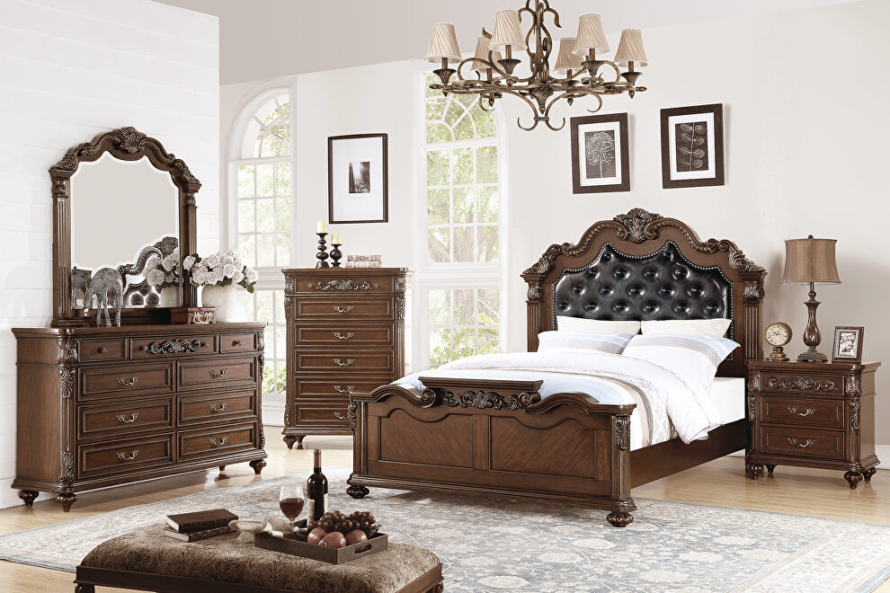 Royal style post platform king size bed in dark walnut by Poundex