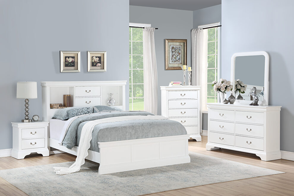 King bed with fuctional headboard in white finish by Poundex