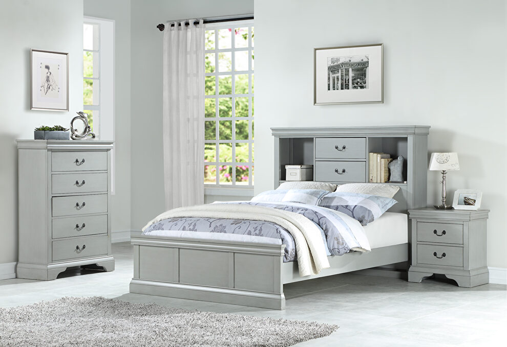 Full size bed with fuctional headboard in gray finish by Poundex