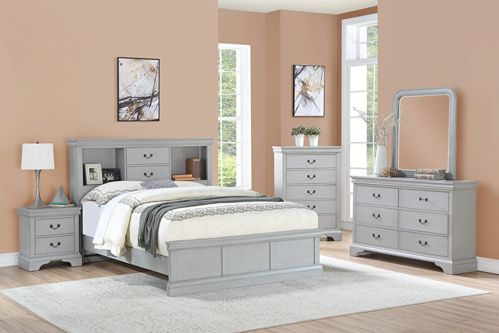Queen bed with fuctional headboard in gray finish by Poundex