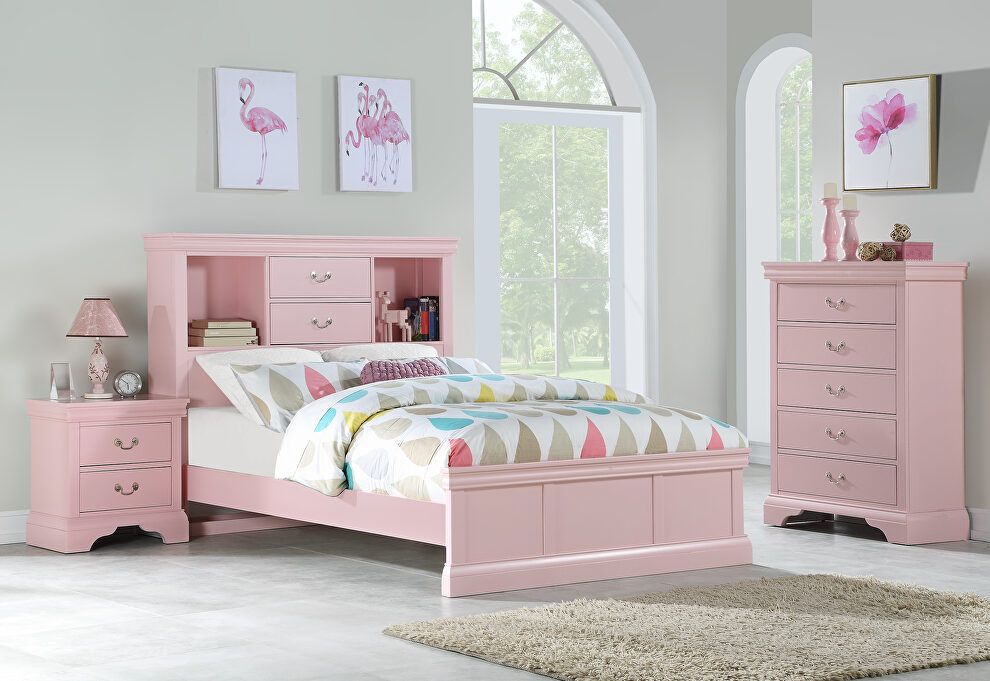 Full size bed with fuctional headboard in light pink finish by Poundex