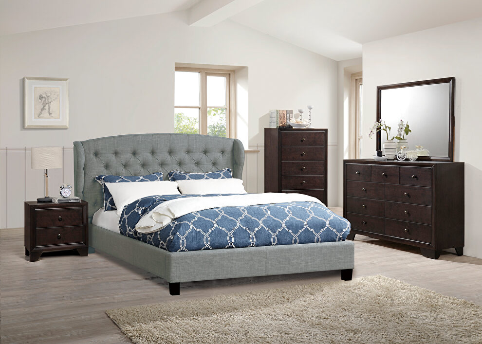 Gray polyfiber upholstery king bed by Poundex