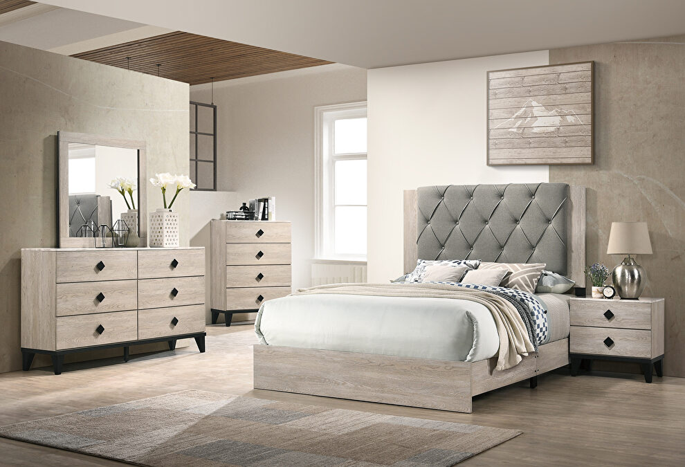 Gray fabric upholstery queen bed by Poundex