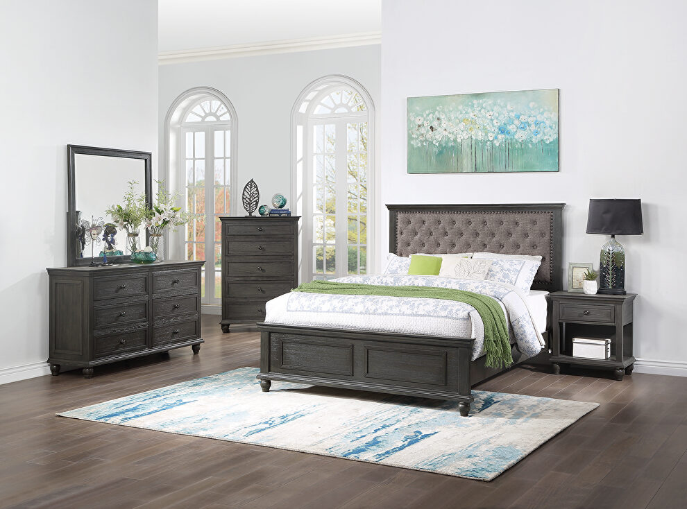 Traditional stylish tufted king bed in gray finish by Poundex