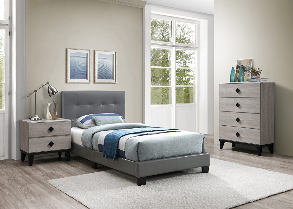 Gray faux leather upholstery queen bed by Poundex