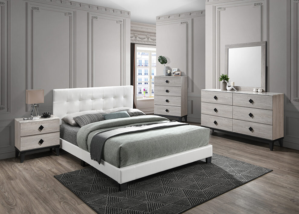 White faux leather upholstery queen bed by Poundex