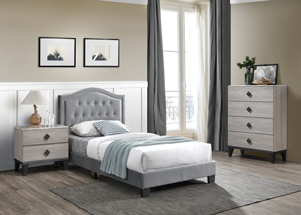 Gray velvet upholstery twin bed by Poundex