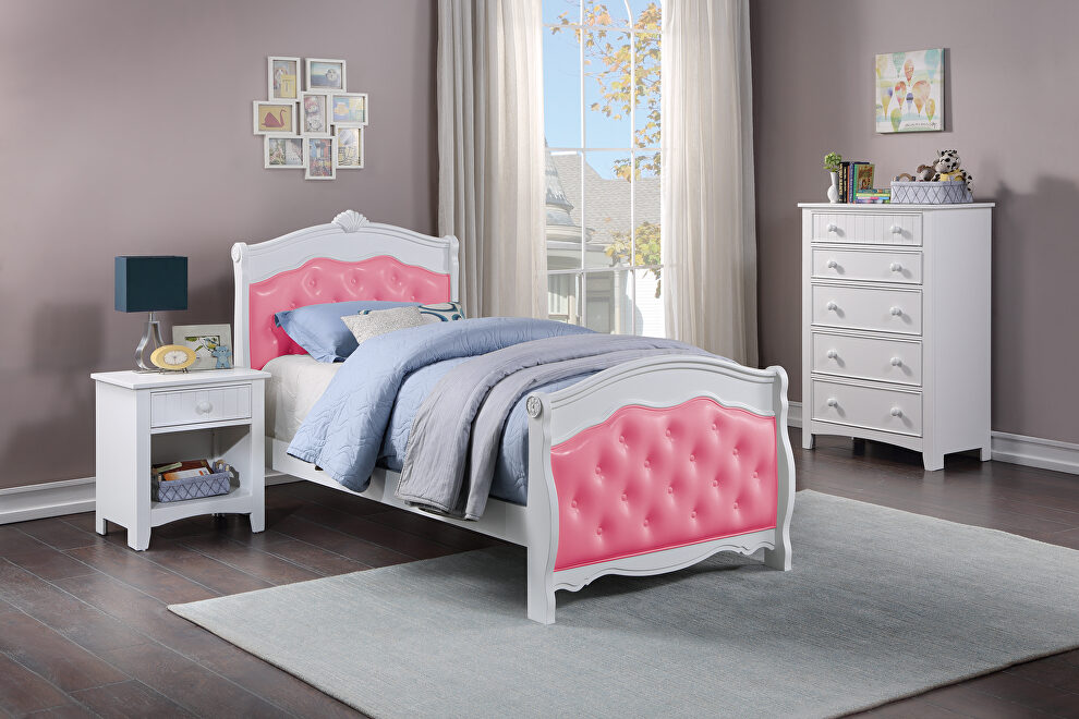 Twin size youth/kids pink tufted bed in white finish by Poundex