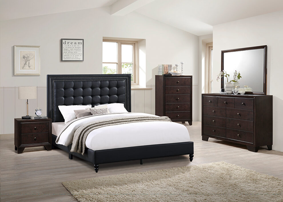 Upholstery queen bed in black faux leather by Poundex
