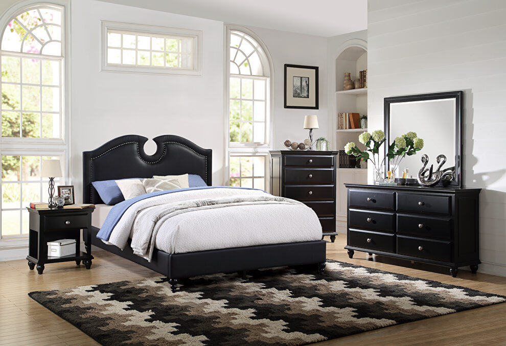 Upholstered faux leather wing headboard queen bed by Poundex