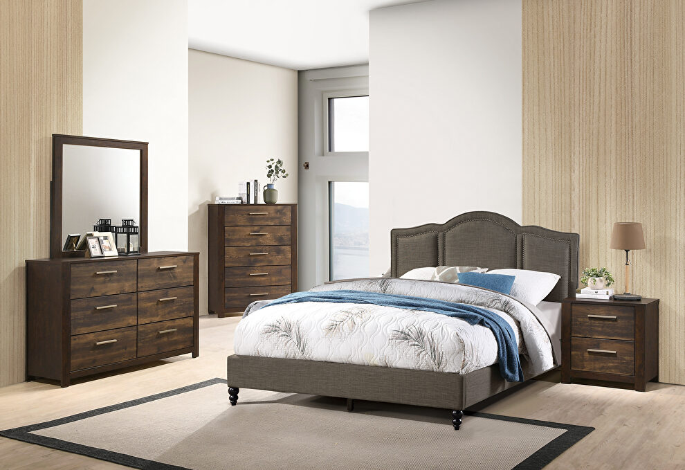 Brown polyfiber upholstery queen bed by Poundex