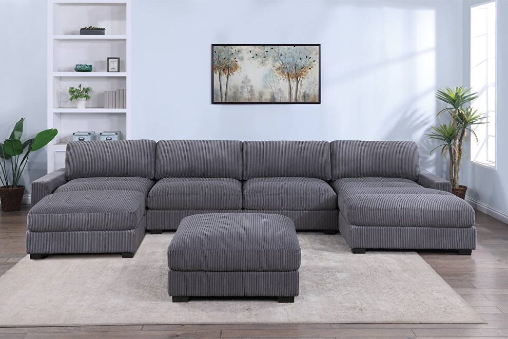 Wide-welt gray corduroy fabric modular sectional sofa by Poundex