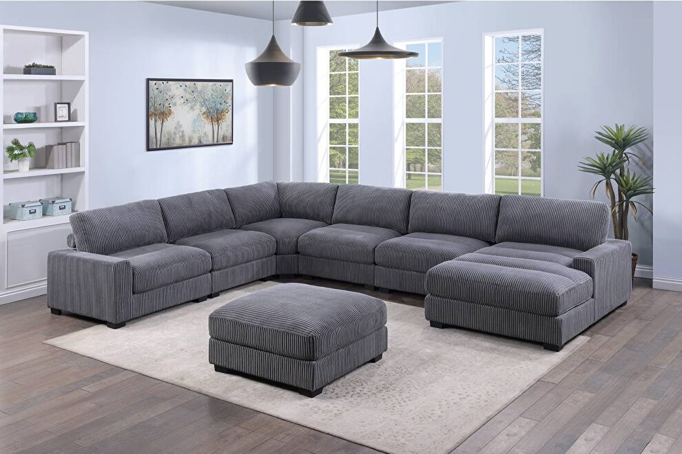 Wide-welt gray corduroy fabric modular sectional sofa by Poundex