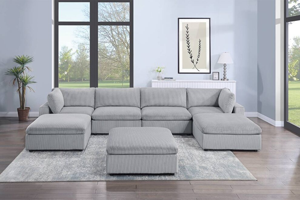 Light gray corduroy 7 pcs modular sectional sofa by Poundex