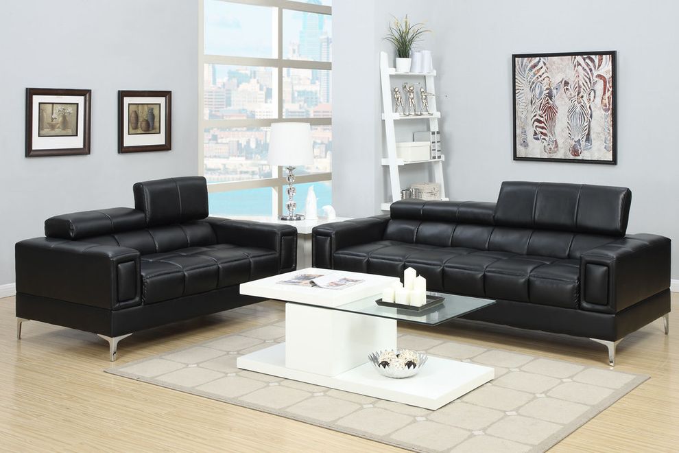 Black bonded leather 2pcs sofa and loveseat set by Poundex