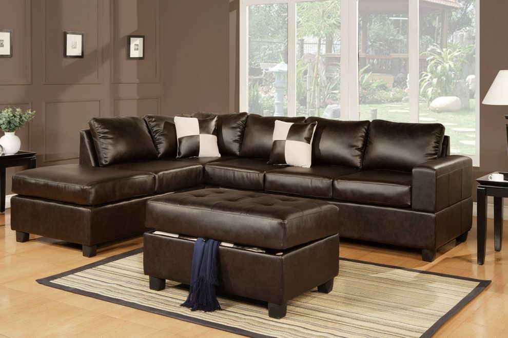 Casual espresso bonded leather sectional couch by Poundex