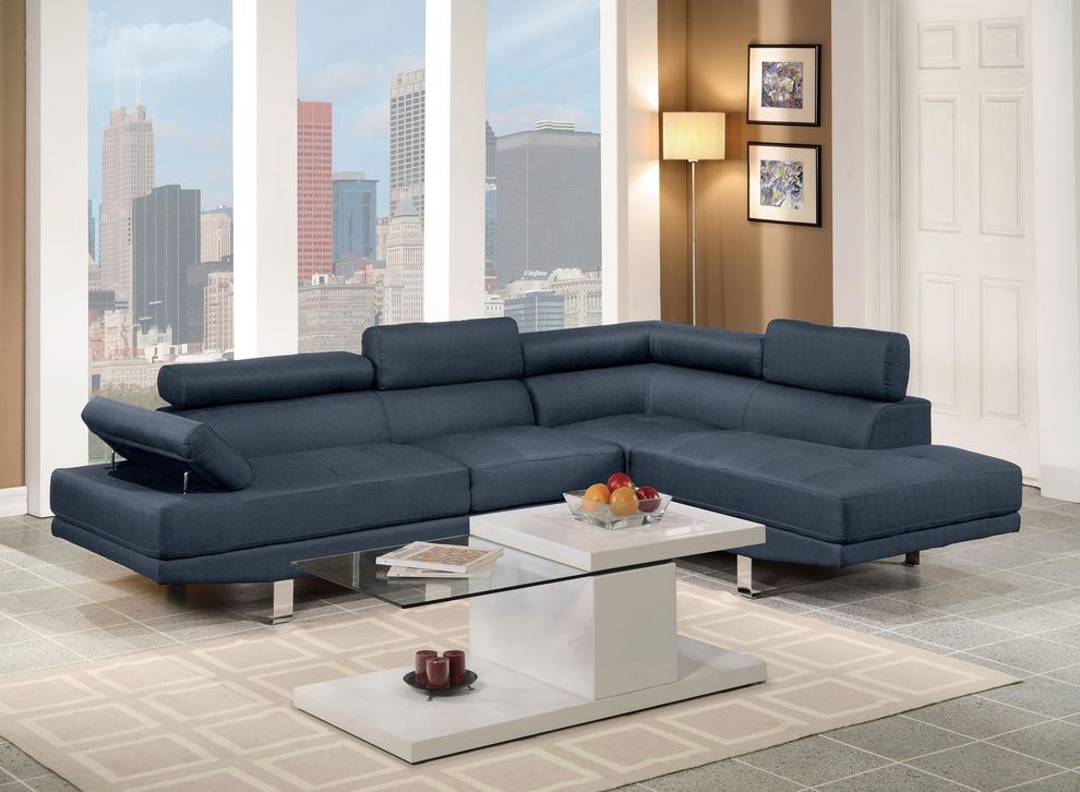 2pcs blue linen fabric sectional w/ adjustable headrests by Poundex