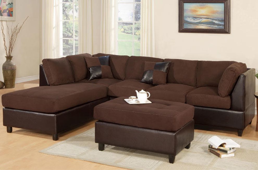 Chocolate microfiber/faux leather sectional set by Poundex