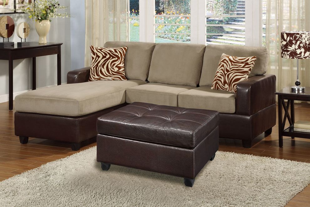 Small tan sectional sofa and ottoman set by Poundex