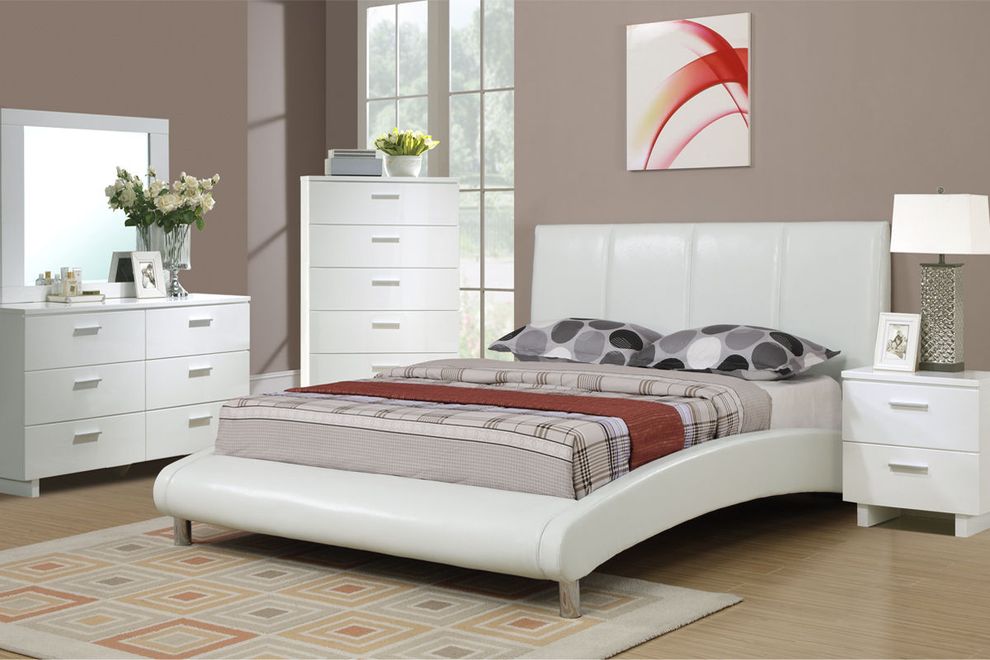 White leatherette platform bed in casual style by Poundex