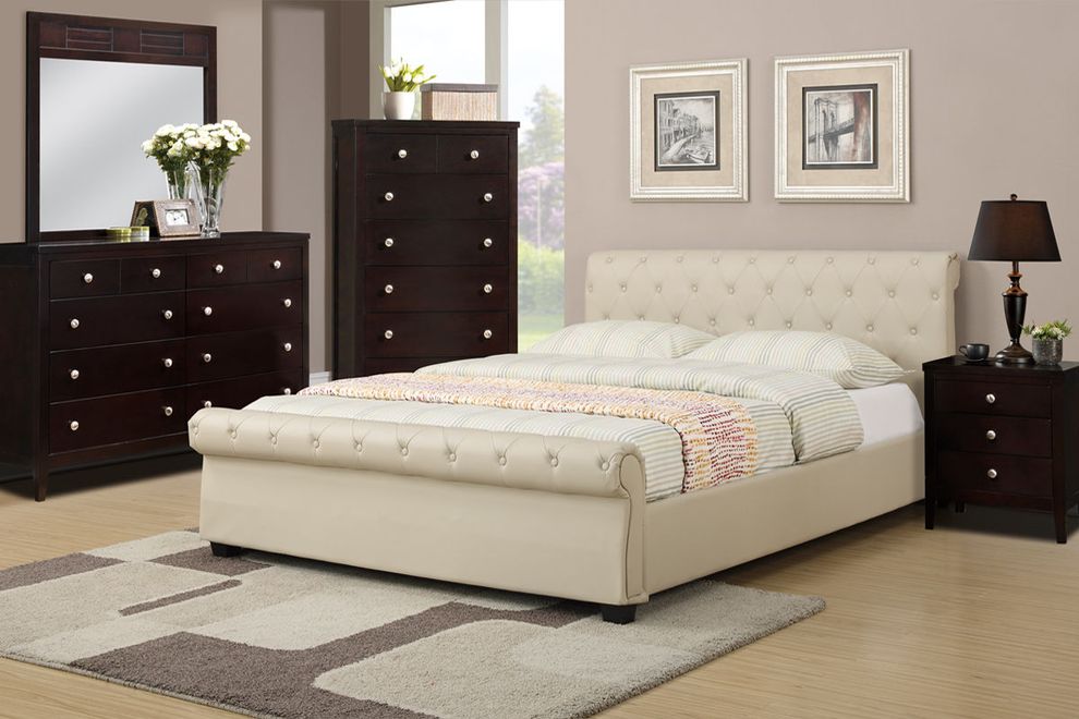 Cream leatherette platform full size bed by Poundex