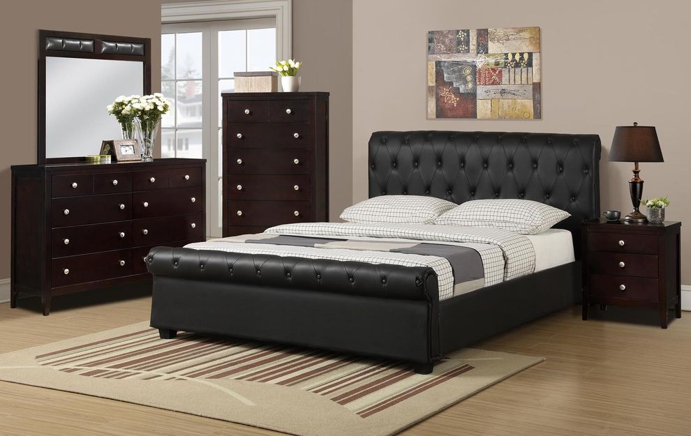 Black leatherette full size platform bed by Poundex