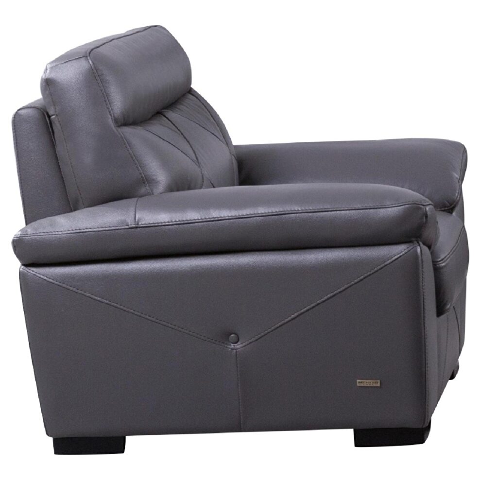 Gray leather modern chair in low profile by Beverly Hills