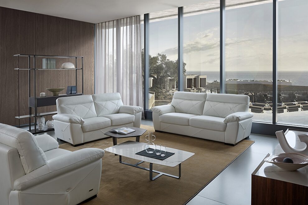 White leather modern sofa in low profile by Beverly Hills