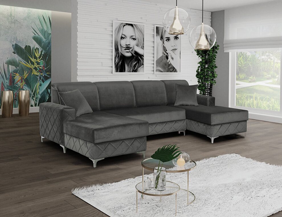 Velvet gray fabric large double chaise sectional sofa by Skyler Design