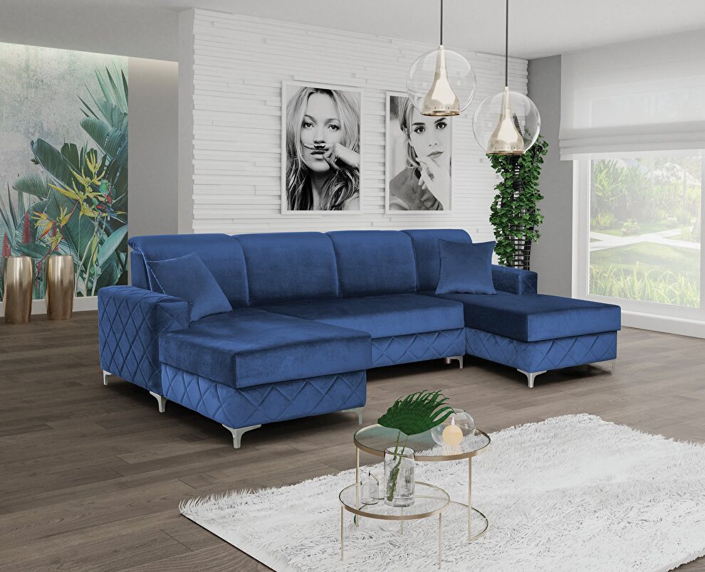 Velvet blue fabric large double chaise sectional sofa by Skyler Design
