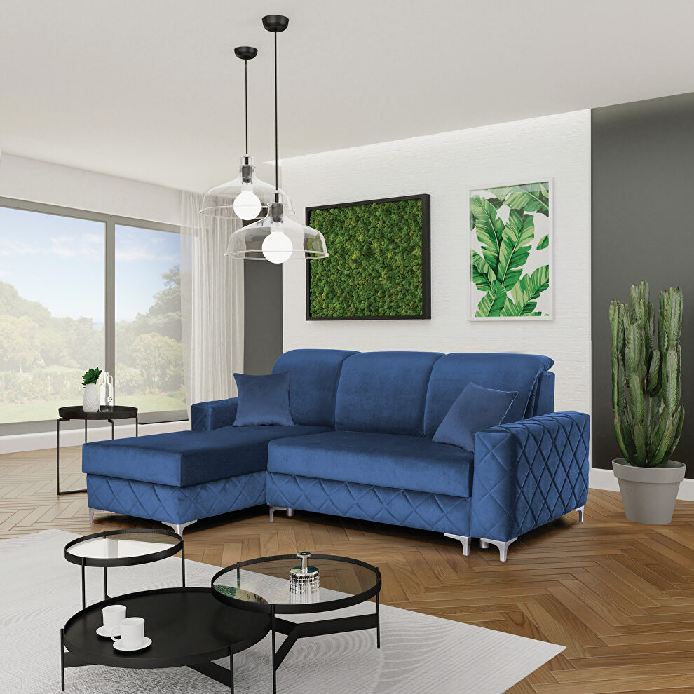 Sleeper sectional sofa in blue velvet fabric left-facing by Skyler Design