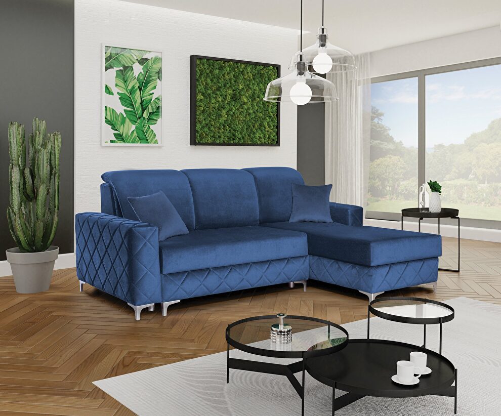 Sleeper sectional sofa in blue velvet fabric right-facing by Skyler Design