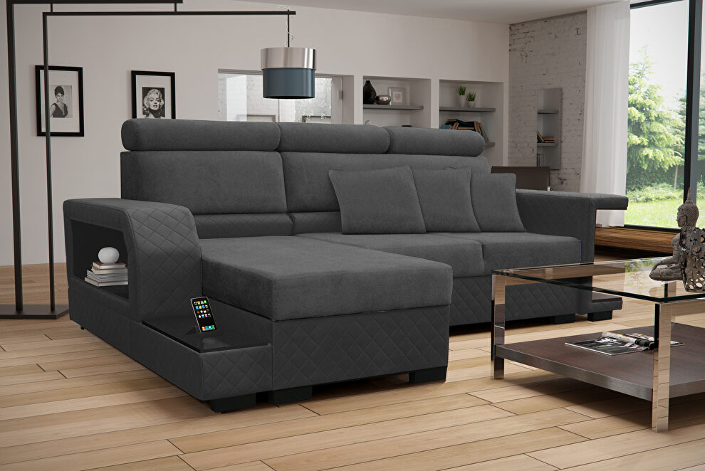 Two-toned gray sleeper sectional w/ built-in bookcases in left shape by Skyler Design