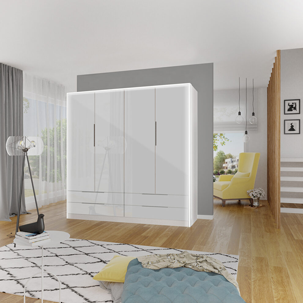 White high-gloss 4 door wardrobe in modern style by Skyler Design
