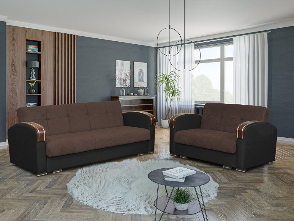 Wooden arms sofa bed / sleeper in brown by Skyler Design