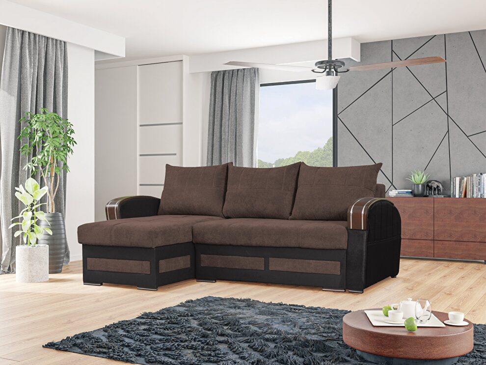 Brown left-facing two-toned sleeper sofa w/ storage by Skyler Design