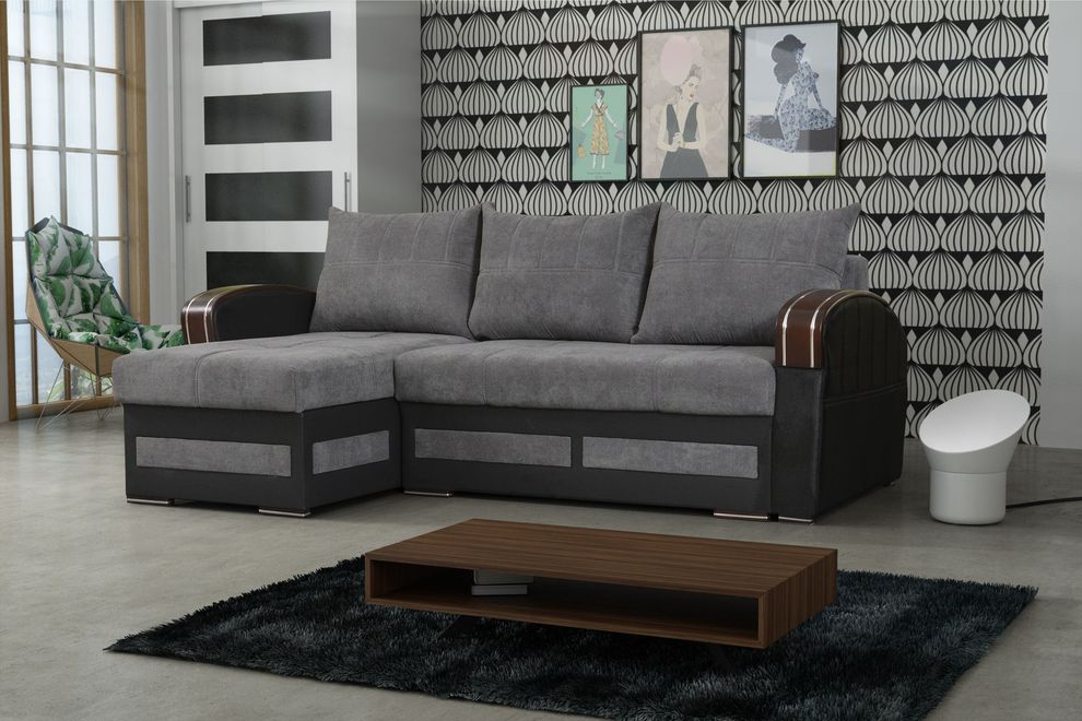 Gray left-facing two-toned sleeper sofa w/ storage by Skyler Design